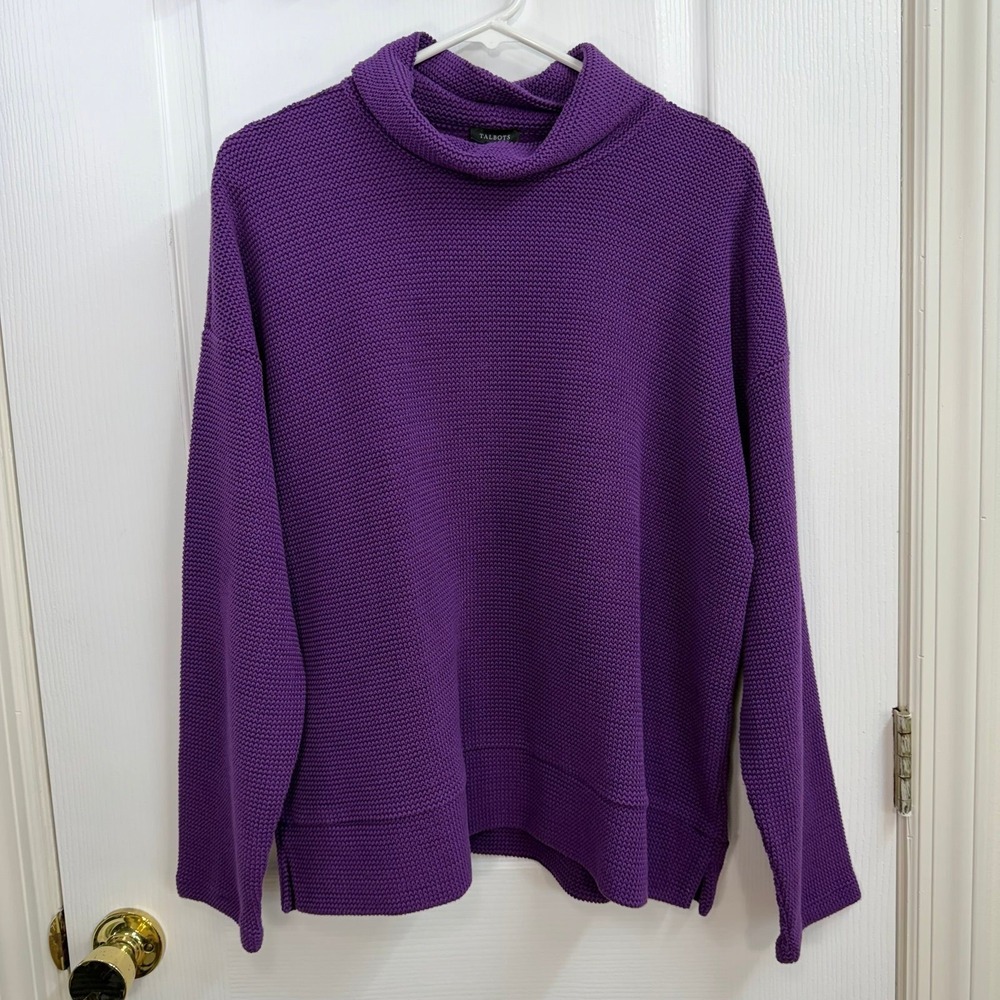 Talbots purple knit turtleneck‎ funnel neck split hem cotton stretch sweater XL